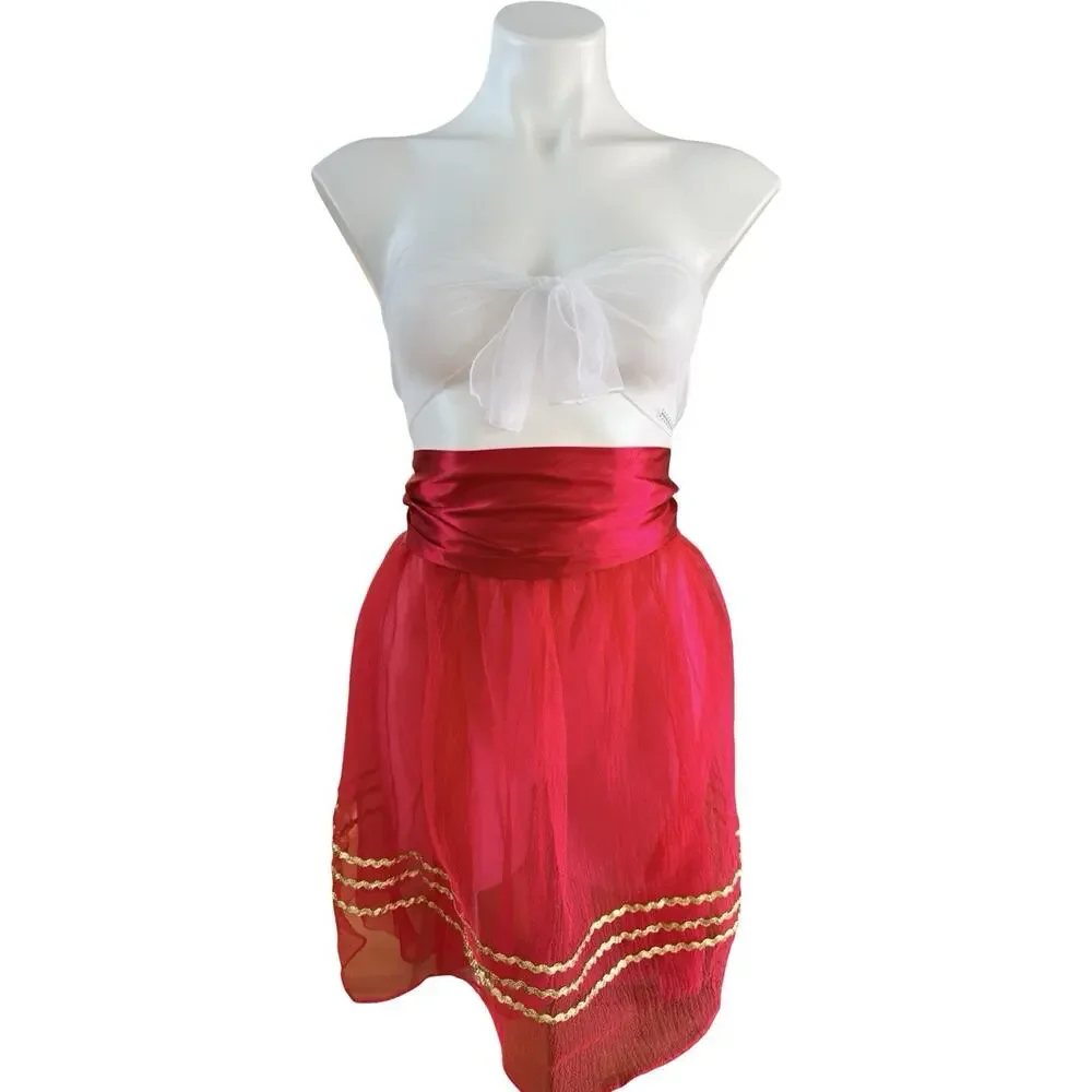 Vintage Red Sheer Chiffon Apron Gold Rickrack Trim Satin Bow